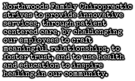 Northwoods Family Chiropractic strives to provide innovative services, through patient centered care, by challenging our employees to craft meaningful relationships, to foster trust, and to use health and education to inspire healing in our community.